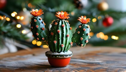 Festive cactus shaped like a Christmas tree decorated for the holiday season