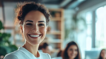 Poster - A smiling woman with curly hair stands confidently in a bright, modern office setting, exuding positivity and warmth.