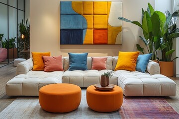 Wall Mural -  Minimalist interior design of modern living room with sofa with colorful pillows. 