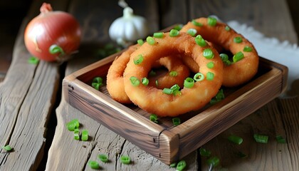 Wall Mural - Crispy breadcrumb-coated onion rings served on a rustic wooden platter