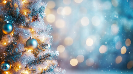 Christmas background. Christmas tree close up with blurred holiday lights, gifts and Christmas backdrops