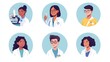 © Who is Santi - a set of illustrated avatars in circular frames showcasing diverse scientists and lab assistants. One scientist wears a lab coat holding a test tube, an assistant has shoulder-length hair