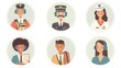 © Who is Santi - a set of illustrated avatars in circular frames showcasing diverse pilots and passengers. One pilot wears a uniform holding a flight manual, a passenger has short curly hair
