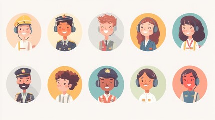 Wall Mural - a set of illustrated avatars in circular frames showcasing diverse pilots and passengers. One pilot wears a uniform holding a flight manual, a passenger has short curly hair 