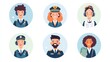 © Who is Santi - a set of illustrated avatars in circular frames showcasing diverse pilots and passengers. One pilot wears a uniform holding a flight manual, a passenger has short curly hair
