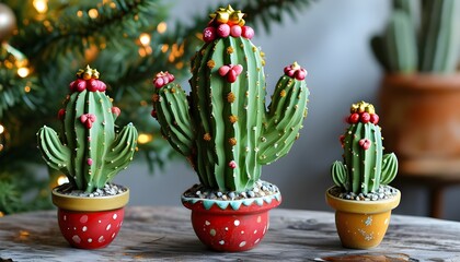 Festive cactus shaped like a Christmas tree decorated for the holiday season