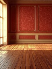 Wall Mural - Sunlight Streaming Through Window into Empty Room with Ornate Walls and Wood Flooring