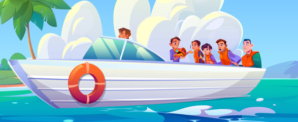 Happy boy with treasure chest on motor boat. Vector cartoon illustration of surprised friends looking at sparkling golden coins in box decorated with gemstone, palm tree on island, adventure voyage