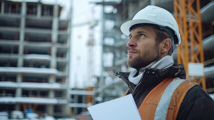 Aufkleber - A engineer wearing a white helmet in a construction site. Generative AI.