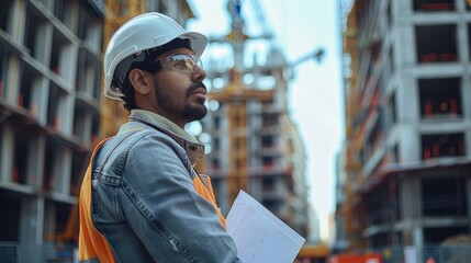 Poster - A engineer wearing a white helmet in a construction site. Generative AI.
