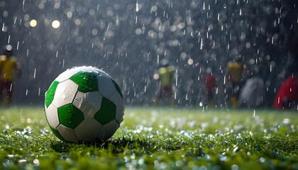 Intense soccer match under heavy rain with players showcasing determination and skill on a drenched field