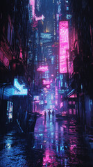 A neon-lit cyberpunk alleyway at night, with towering holographic signs