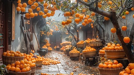 In autumn, in the courtyard of an ancient Chinese house with high walls and low eaves, a persimmon tree full of bright orange fruits hanging from it. The ground was covered by many baskets filled.