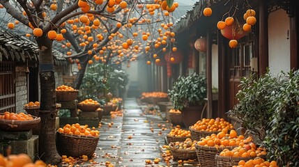 In autumn, in the courtyard of an ancient Chinese house with high walls and low eaves, a persimmon tree full of bright orange fruits hanging from it. The ground was covered by many baskets filled.