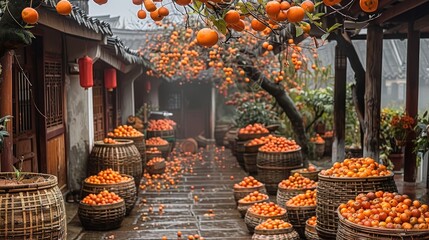 In autumn, in the courtyard of an ancient Chinese house with high walls and low eaves, a persimmon tree full of bright orange fruits hanging from it. The ground was covered by many baskets filled.