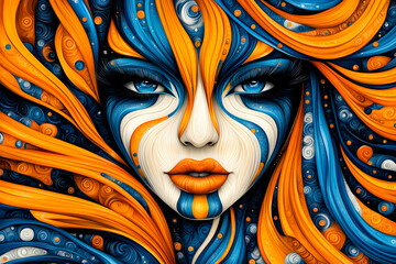 Wall Mural - A woman with orange and blue hair and blue eyes. The hair is long and flowing