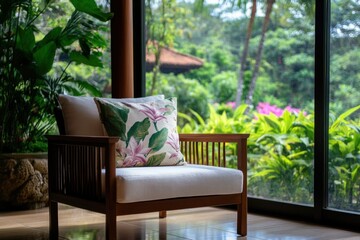 Wall Mural - A cozy wooden chair with a floral pillow sits by large windows, offering a serene view of lush greenery and vibrant flowers outside.