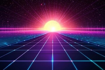 Wall Mural - Futuristic Grid Landscape with Rising Sun and Stars