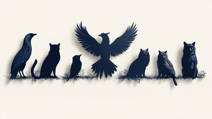 Wall Mural - Birds and Cats Silhouettes.