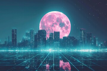 Futuristic cityscape with a pink moon and glowing grid