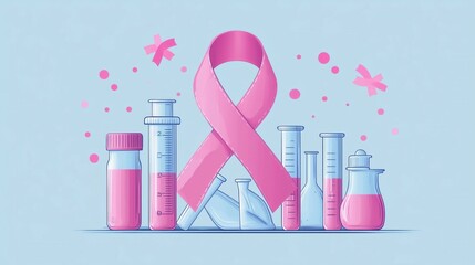 Pink breast cancer awareness ribbon with laboratory equipment symbolizing research and support against a light blue background.