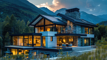 Wall Mural - Modern luxury mountain home. Generative AI.