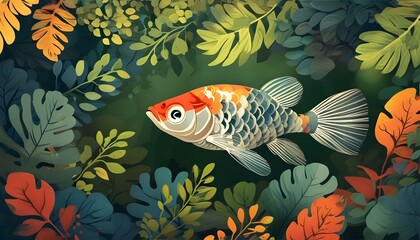 Vibrant leaves backdrop with a graceful goldfish swimming through the foliage