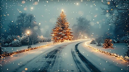 Aufkleber - Christmas, a festively decorated road and a Christmas tree. Generative AI.