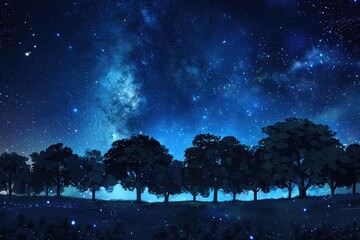 Wall Mural - stars trees. dark night sky above field of trees with milky way