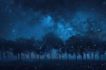 Wall Mural - stars trees. night sky sparkling with many stars over tree-lined field