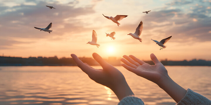 Freedom Concept with Hands and Flying Birds