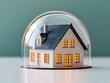 © Thann - A house figurine under a glowing protective bubble, resting on a clean white desk in a brightly lit modern office. Minimalistic, peaceful. 3D render, top view with space for text.