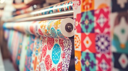 Colorful patterned rolls of fabric displayed in a textile printing workshop.