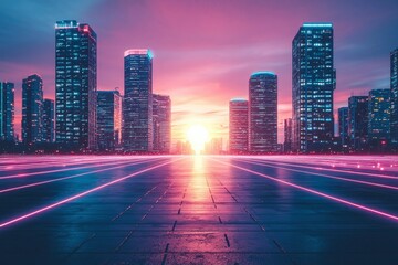 Futuristic Cityscape with Neon Lights and Empty Street