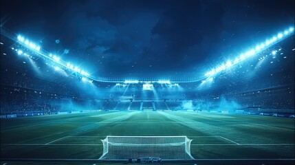 Wall Mural - A grand stadium bathed in deep, dark blue tones under the night sky. The powerful flood lights cast a subtle blue hue over the expansive field, with a few stars twinkling above. Generative AI.