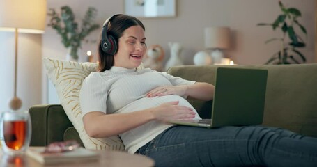 Wall Mural - Laptop, pregnant and video call with woman on sofa in living room of home for communication or maternity leave. computer, headphones and wave with happy mother in apartment for pregnancy update