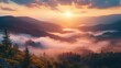 © Faxri - hazy panorama of the landscape. Wonderfully surreal dawn on rugged peaks, offering a glimpse of the foggy valley beneath. cloud cover above the forest. A view of the fanciful countryside below.