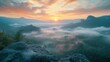 © Faxri - hazy panorama of the landscape. Wonderfully surreal dawn on rugged peaks, offering a glimpse of the foggy valley beneath. cloud cover above the forest. A view of the fanciful countryside below.