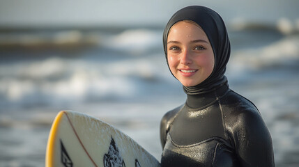 Smiling girl in a wetsuit holds a surfboard by the ocean, embodying confidence and joy in water sports.