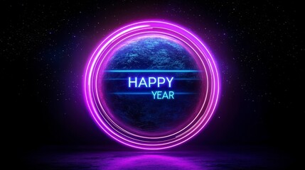 Glowing neon sign with a happy new year message in space