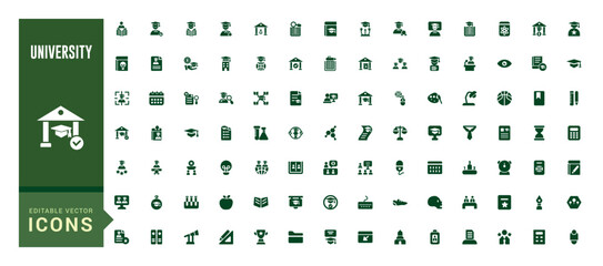 University icon pack. Containing education, learning, research institution, student and study. Filled and solid icon set. Glyph for web and ui. Vector illustration.