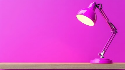 Poster - Modern purple desk lamp on a wooden surface with bright background