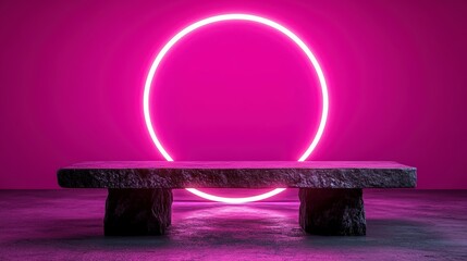 Poster - Stone bench with neon pink oval light against pink background