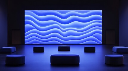 Poster - Immersive blue light installation with wave patterns in a dark room