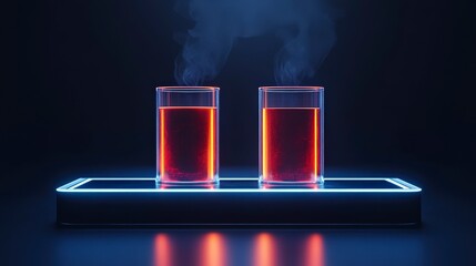 Two steaming glass beakers on illuminated platform in dark environment