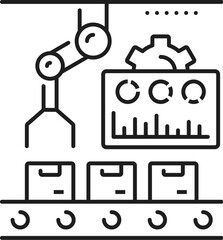 Leinwandbilder - Modern manufacture, automatic and manual production outline icon. Factory production line, warehouse supply chain automatic equipment outline vector icon with robotic hand loading boxes on conveyor