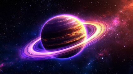 Wall Mural - Vibrant planet with glowing rings in colorful outer space scene