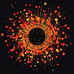 Wall Mural - Abstract radial burst of orange and red squares and lines against a black background.