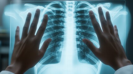 Wall Mural - Doctor reviewing chest x-ray film on lightbox in hospital room