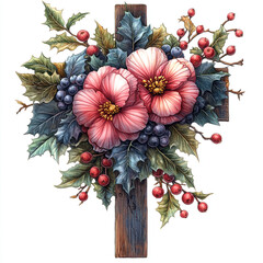 Wall Mural - A wooden cross with flowers. Autumn, Christmas. Thanksgiving day.